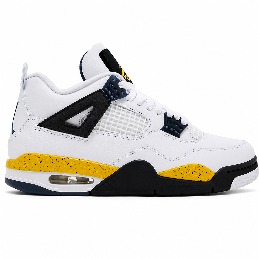 A white Air Jordan 4 sneaker with black and navy blue overlays, a yellow speckled midsole stripe, and a black outsole, shown from a side profile view on a white background.