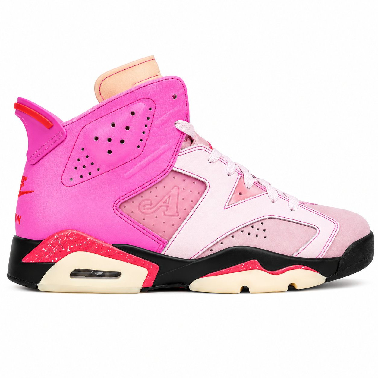 A pink and light pink high-top basketball sneaker with black and cream midsole accents, shown in a side profile on a white background.