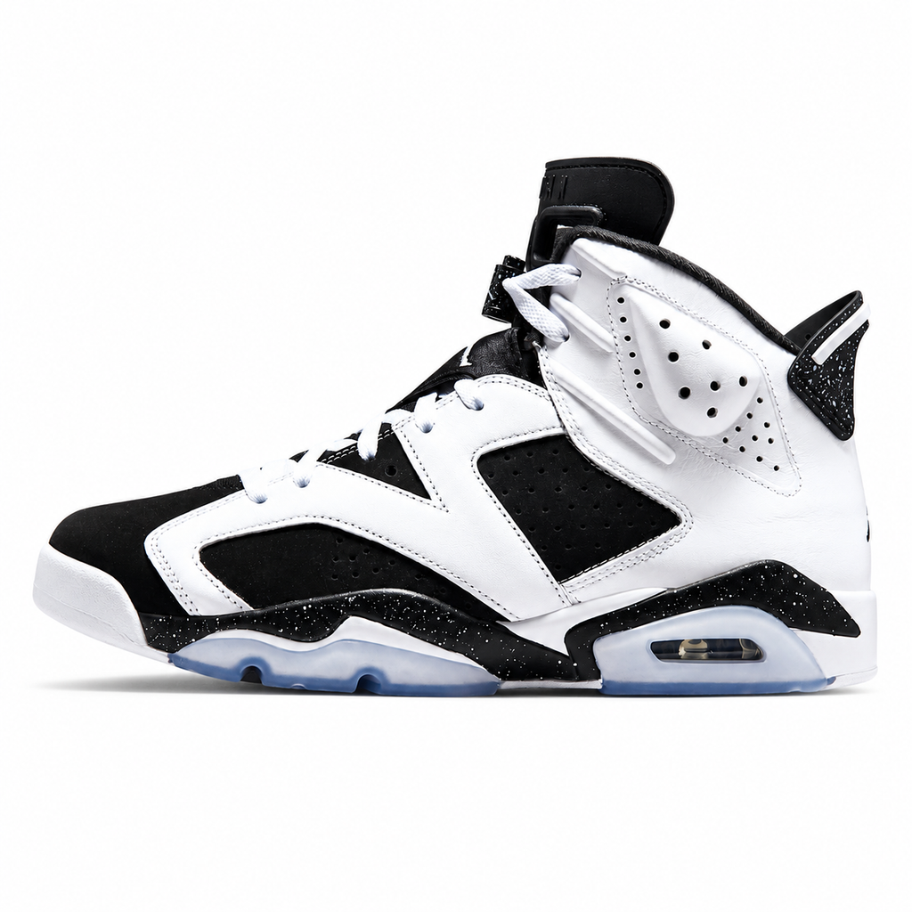 A high-top Air Jordan 6 sneaker in white and black, featuring black suede overlays, a black tongue, a black heel tab, and a translucent clear outsole with a visible Air Max cushioning unit.