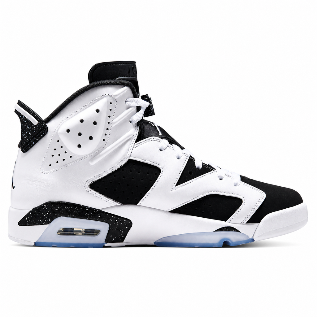 A high-top sneaker in white and black leather with black suede panels, white laces, a black tongue, and a translucent blue-tinted Air Max sole, shown against a plain white background.