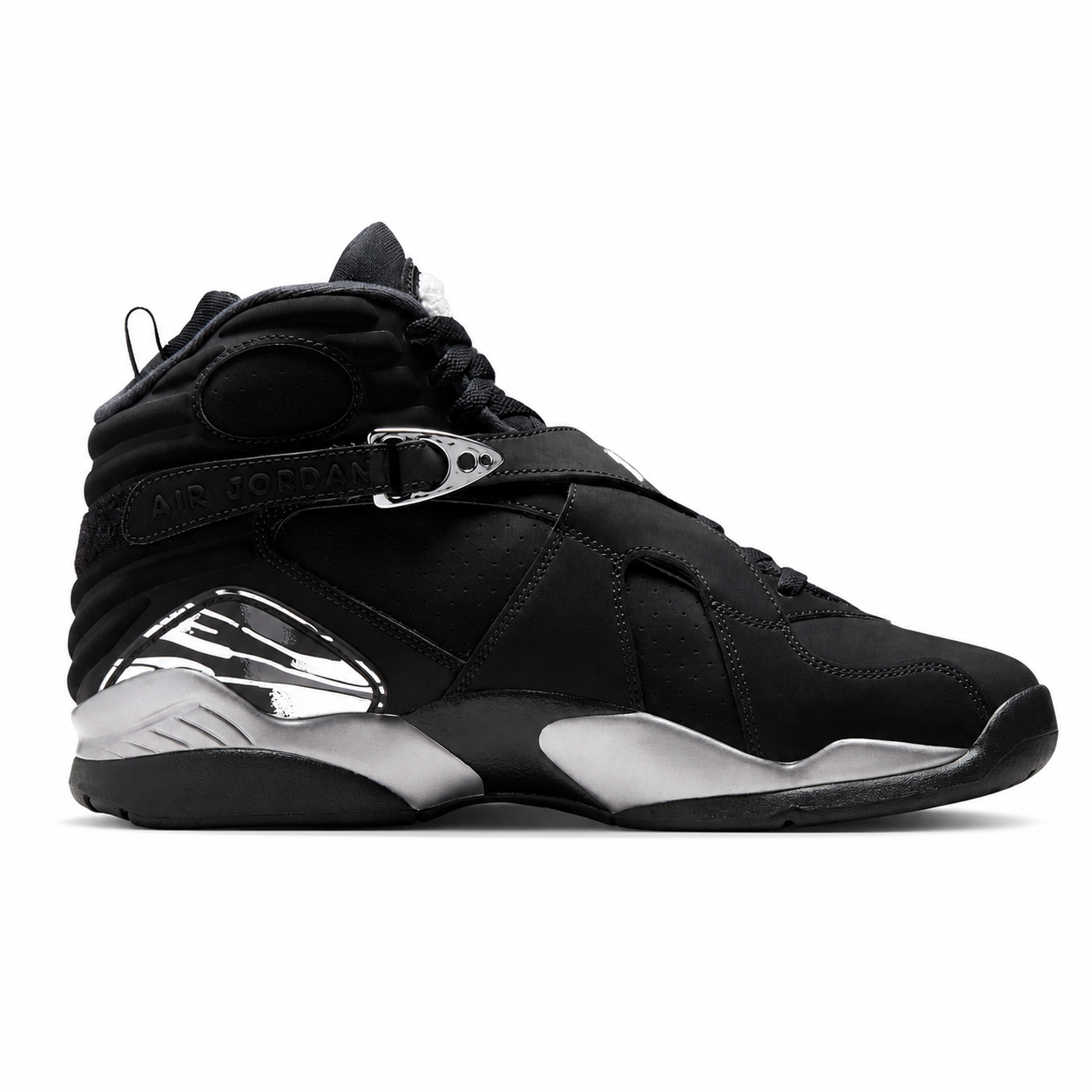 A black high-top Jordan sneaker with metallic silver accents on the midsole and heel, shown in a side profile view against a white background.