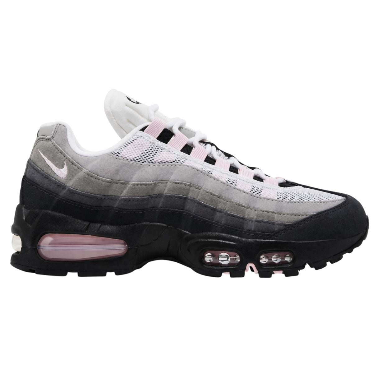 Sneaker with gray, black, and pink design on a white background