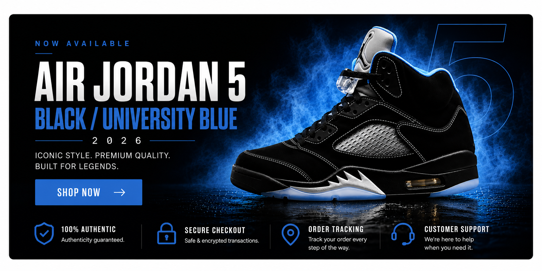 Air Jordan 5 sneaker in black and University Blue, shown on a dark promotional graphic with blue smoke effects and text highlighting key selling points.
