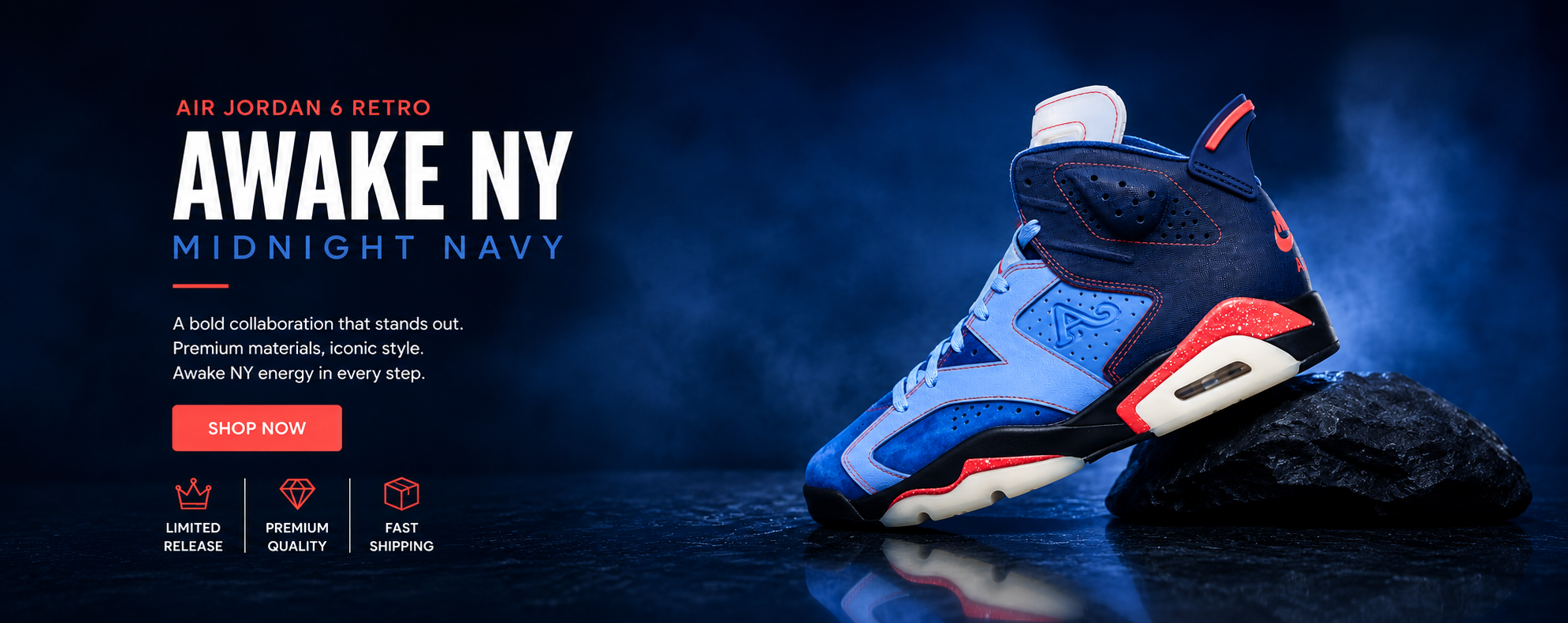 A Nike x Air Jordan x Petro 'Awake NY' Midnight Navy sneaker shown on a dark reflective surface with a rock prop, set against a smoky blue background. The left side features promotional text for the collaboration.