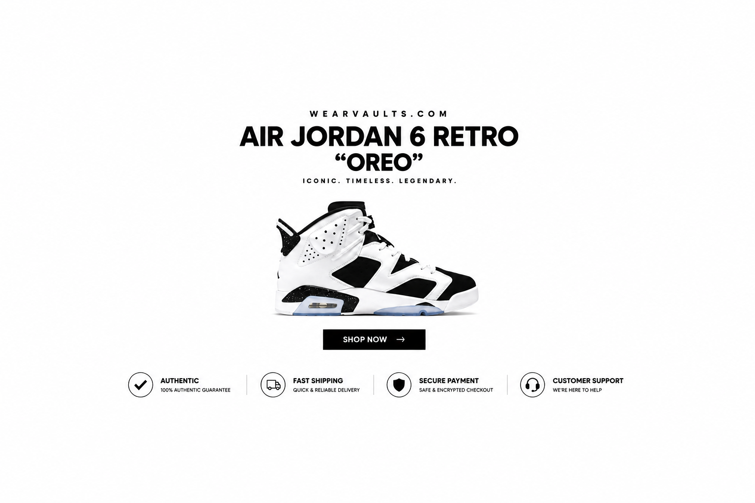A promotional product graphic for the Air Jordan 6 Retro 'Oreo' sneaker. The shoe is centered on a white background with the text 'WEARVAULTS.