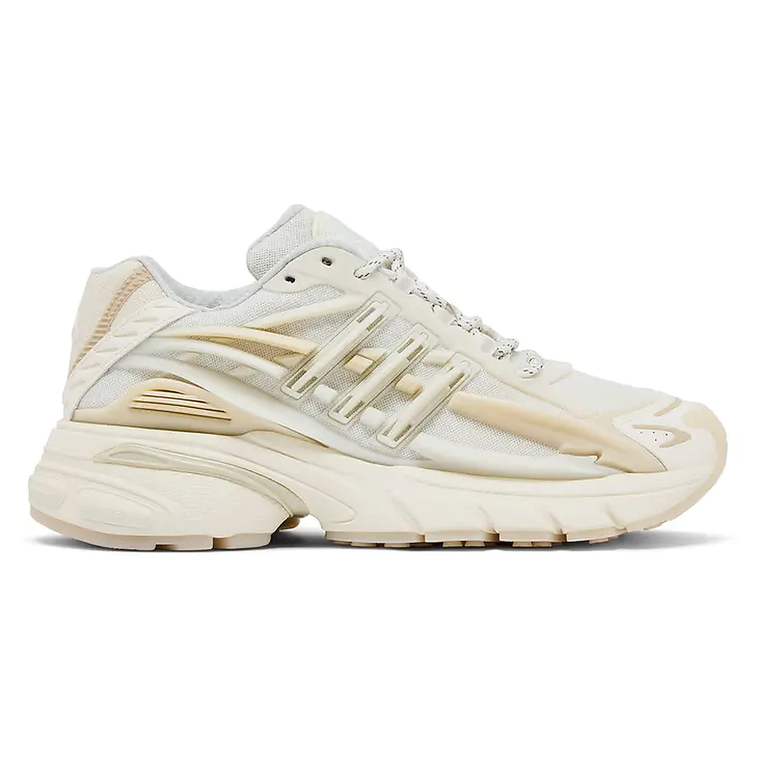 A single chunky sneaker in off-white and beige, shown from a side profile view against a plain white background.