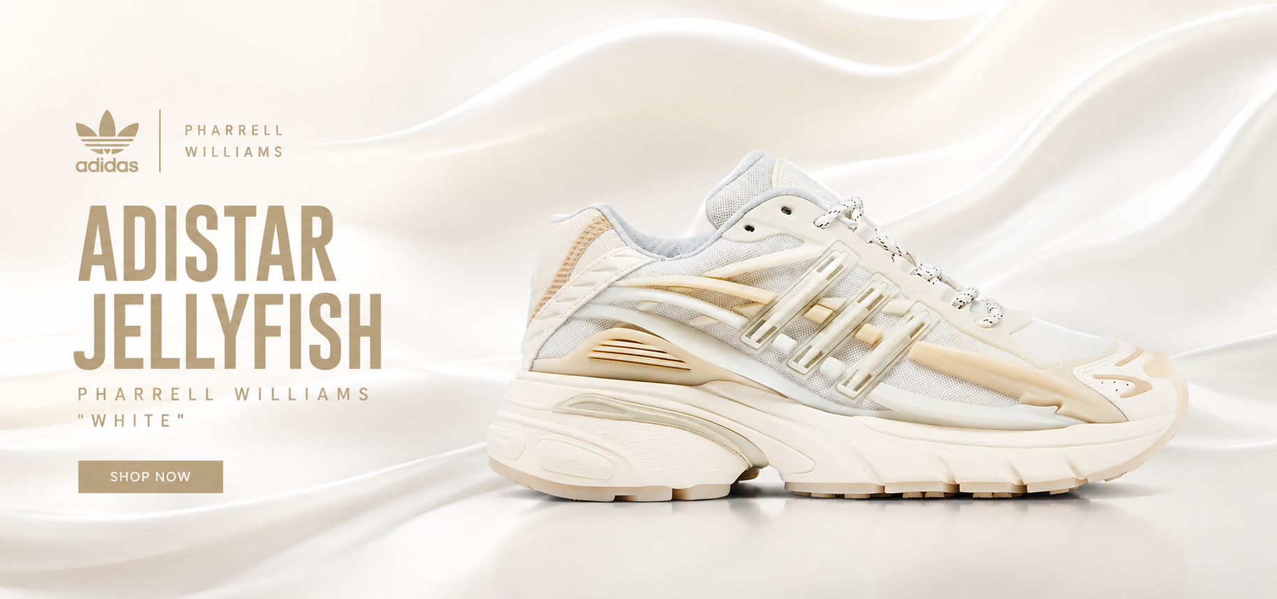 A single Adidas x Pharrell Williams Adistar Jellyfish sneaker in white and beige, shown from a side profile against a flowing white satin background with promotional text on the left.